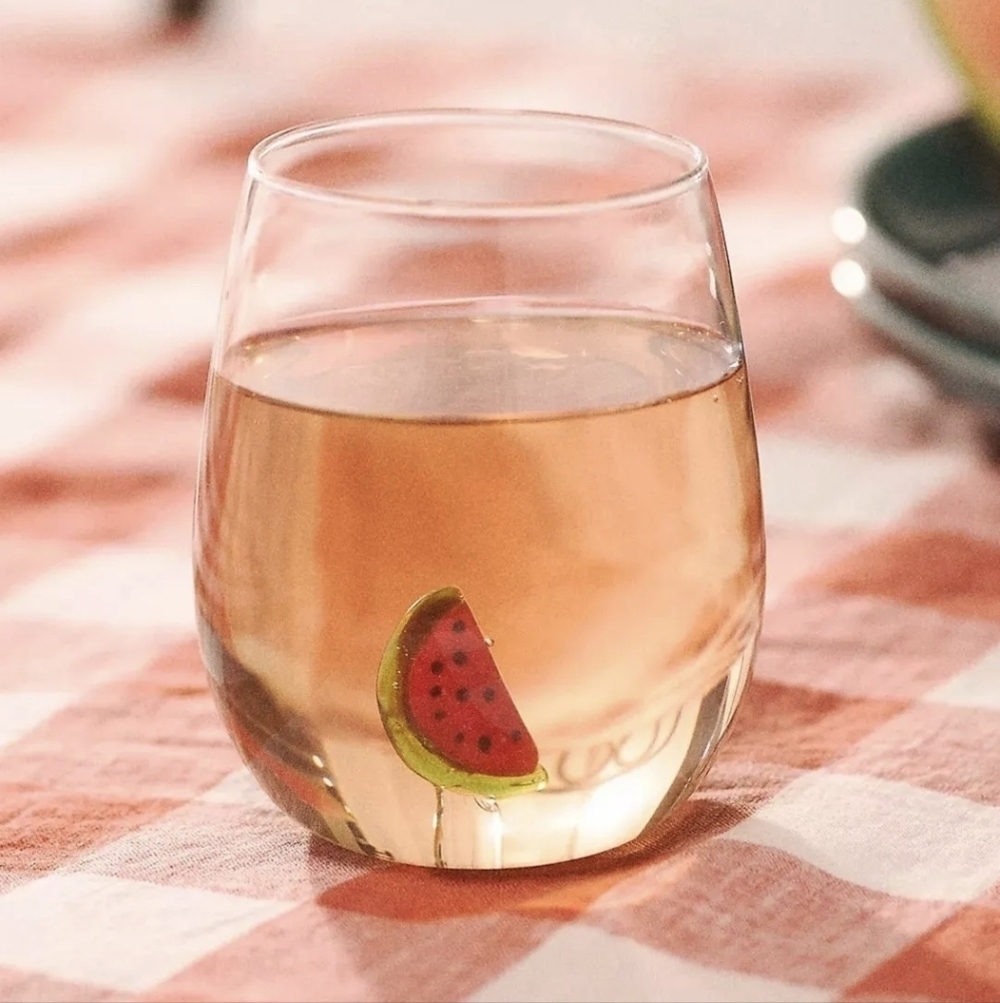 Anthropologie Cheerie Icon Stemless Wine Glass: Watermelon, NIB.